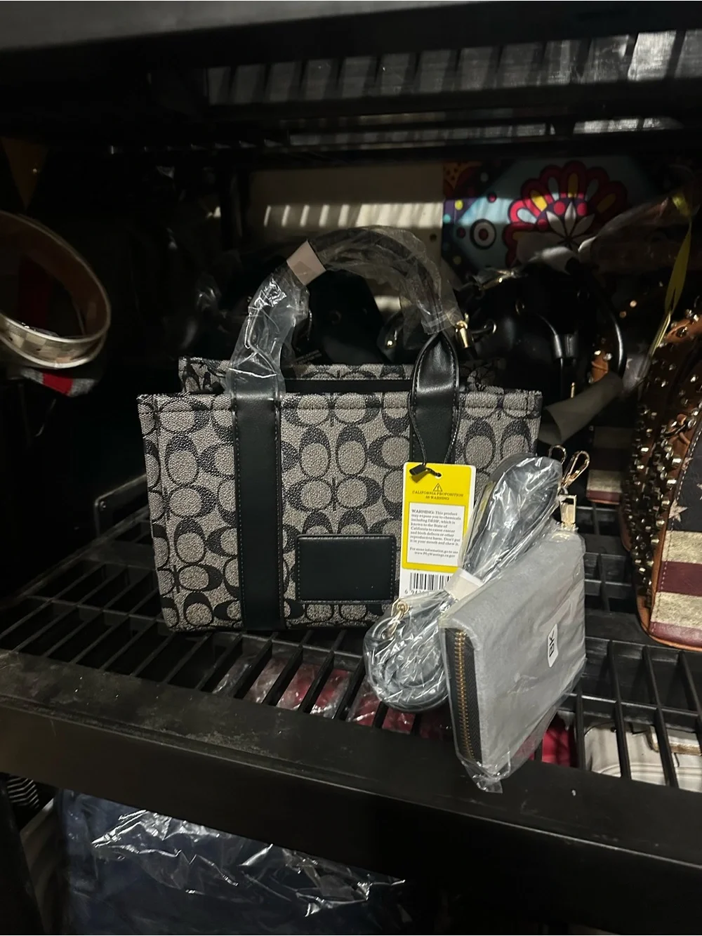 Gray & Black Patterned Tote Bag with Black Trim W/ Matching Wallet & Strap